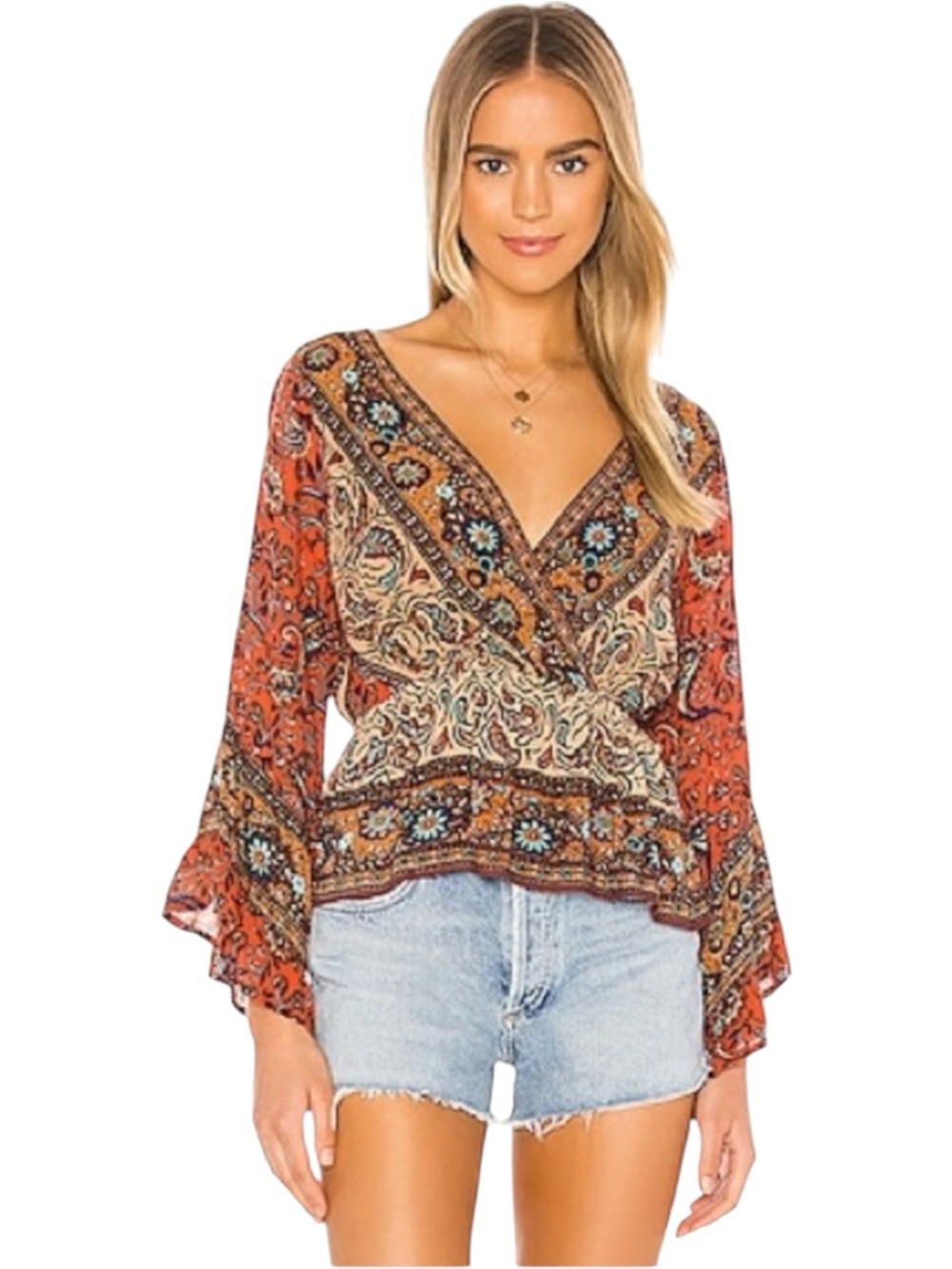 FREE PEOPLE Rosalie Wrap Top Boho Paisley Bell Sleeves Medium